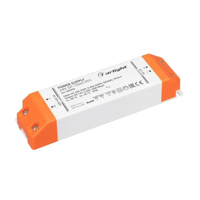 Блок питания ARV-SP-12040-PFC (12В 3.33А 40Вт) (IP20 пластик) Arlight 039236