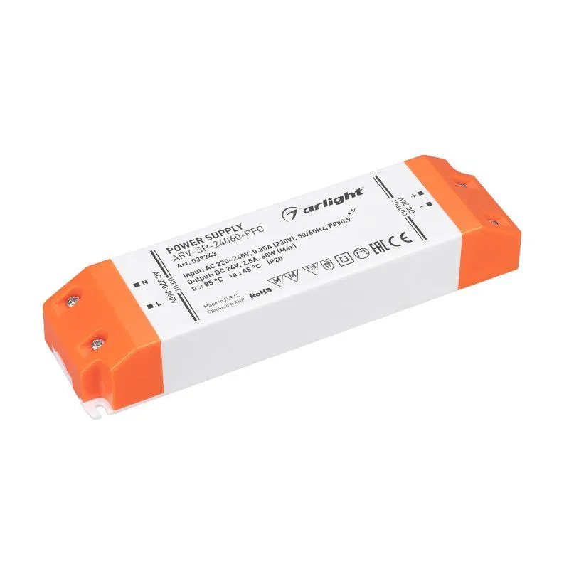 Блок питания ARV-SP-24060-PFC (24В 2.5А 60Вт) (IP20 пластик) Arlight 039243