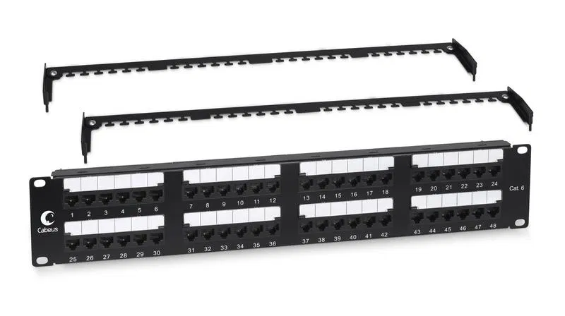 Патч-панель 19дюйм 2U 48 портов RJ45 кат.6 Dual IDC с задн. кабельн. организатором Cabeus 10657c