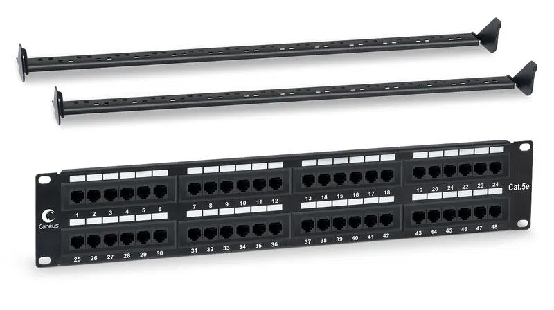 Патч-панель 19дюйм 2U 48 портов RJ45 кат.5E Dual IDC PL-48-Cat.5e-Dual IDC с задн. кабельным организатором Cabeus 7001c