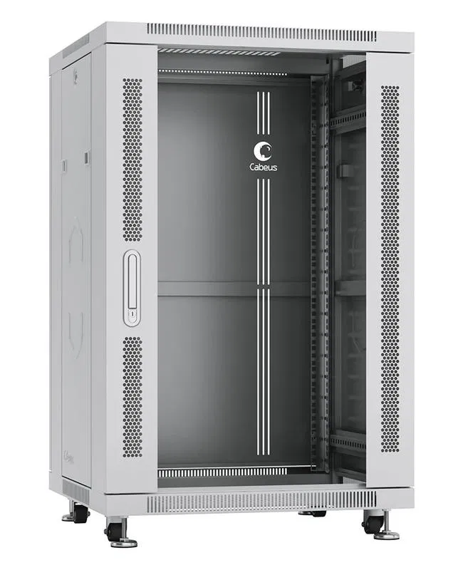 Шкаф монтажный телекоммуникационный напольный SH-05C-18U60/60 19дюйм 18U 600х600х988мм для распределит. и серверн. оборудования передн. стеклян. и задн. сплошн. метал. двери ручка с замком RAL сер. Cabeus 7043c