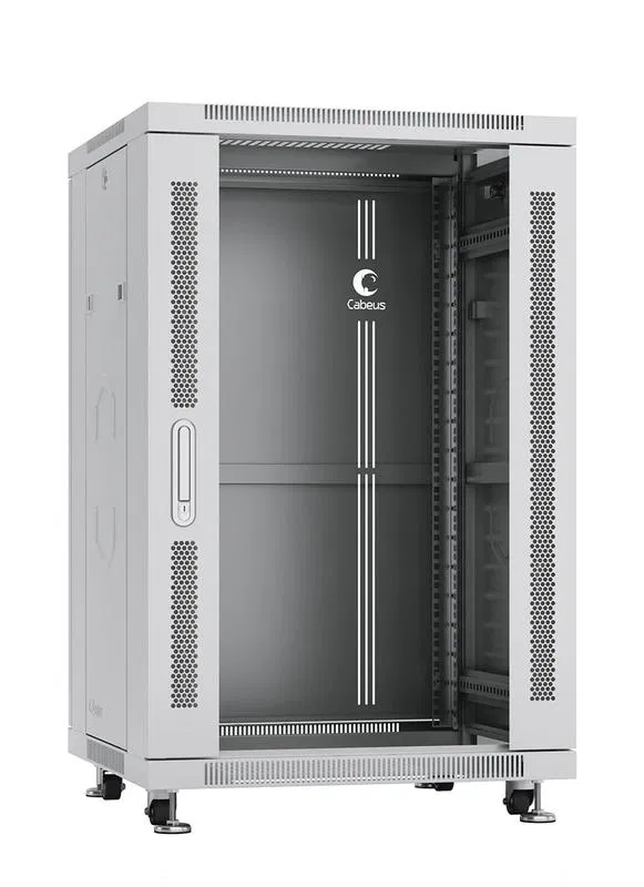 Шкаф монтажный телекоммуникационный напольный SH-05C-18U60/80 19дюйм 18U 600х800х988мм для распределит. и серверн. оборудования передн. стеклян. и задн. сплошн. метал. двери ручка с замком сер. RAL 7035 Cabeus 7048c