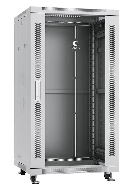 Шкаф монтажный телекоммуникационный напольный SH-05C-22U60/80 19дюйм 22U 600х800х1166мм для распределит. и серверн. оборудования передн. стеклян. и задн. сплошн. метал. двери ручка с замком RAL сер.Cabeus 7049c