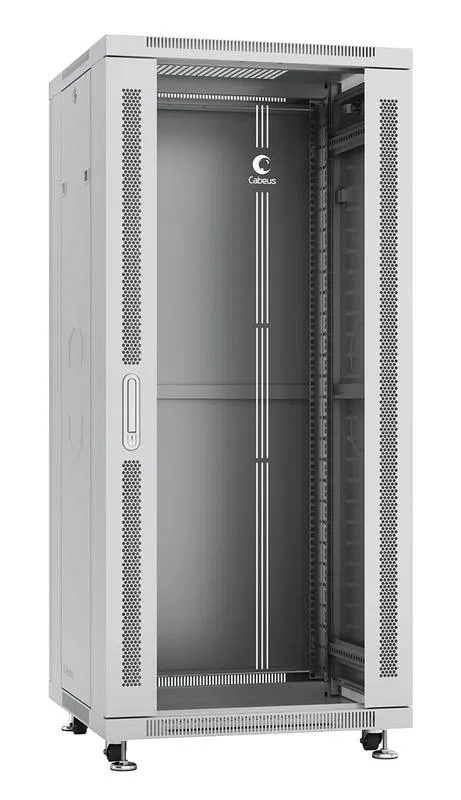 Шкаф монтажный телекоммуникационный напольный SH-05C-27U60/80 19дюйм для распред. и серверн. оборудования 18U 600х600х988мм передн. стеклян. и задн. сплошн. метал. двери 27U 600х800х1388мм ручка с замком сер. (RAL 7035) Cabeus 7050c