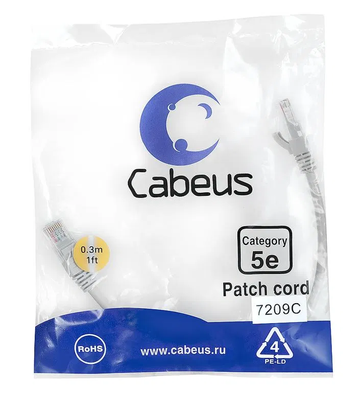 Патч-корд U/UTP кат.5E PC-UTP-RJ45-Cat.5e-0.3m 2xRJ45/8p8c неэкранир. PVC 0.3м сер. Cabeus 7209c
