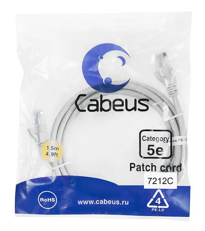 Патч-корд U/UTP кат.5E PC-UTP-RJ45-Cat.5e-1.5m 2xRJ45/8p8c неэкранир. PVC 1.5м сер. Cabeus 7212c