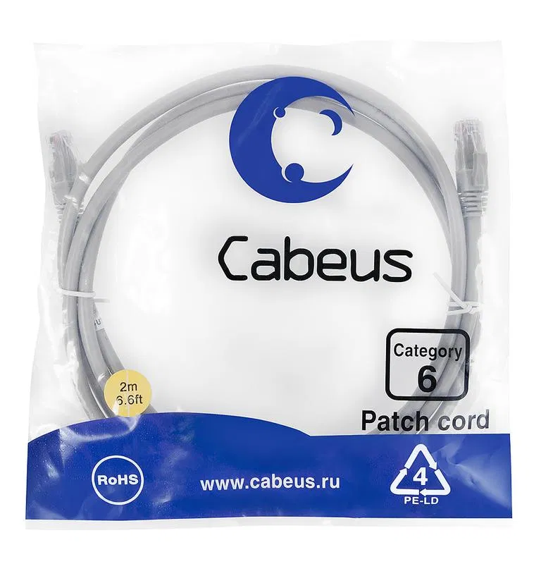 Патч-корд U/UTP кат.6 PC-UTP-RJ45-Cat.6-2m 2xRJ45/8p8c неэкранир. PVC 2м сер. Cabeus 7268c