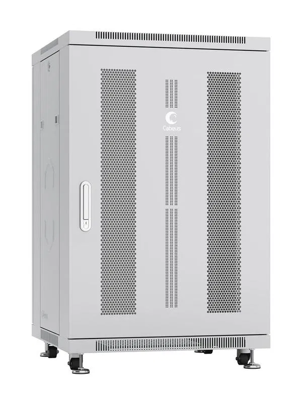 Шкаф монтажный телекоммуникационный напольн. ND-05C-18U60/60 19дюйм 18U 600х600х988мм для распределит. и серверн. оборудования; передн. и задн. перфорир. двери ручка с замком RAL 7035 сер. Cabeus 7656c