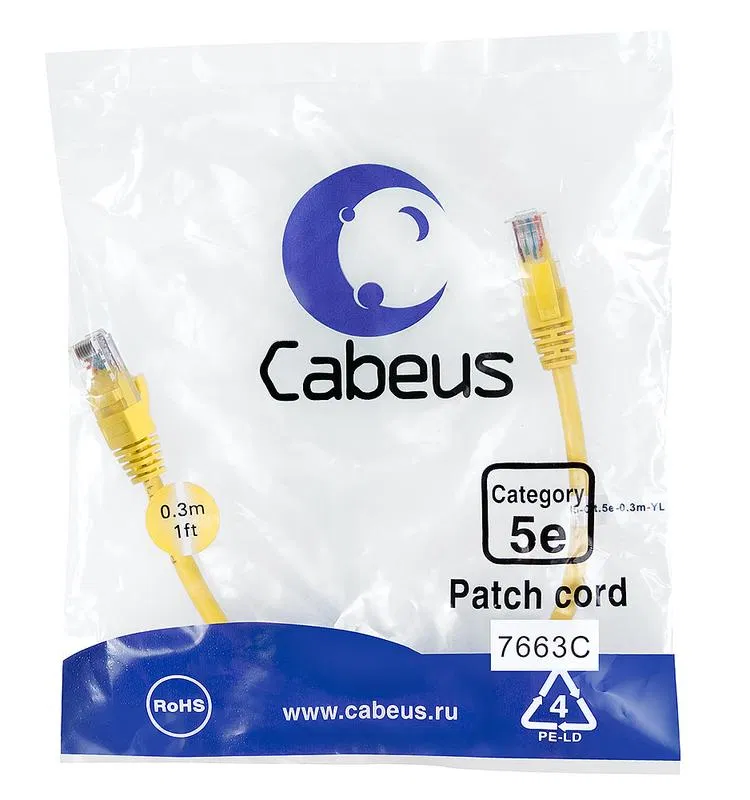 Патч-корд U/UTP кат.5E PC-UTP-RJ45-Cat.5e-0.3m-YL 2xRJ45/8p8c неэкранир. PVC 0.3м желт. Cabeus 7663c