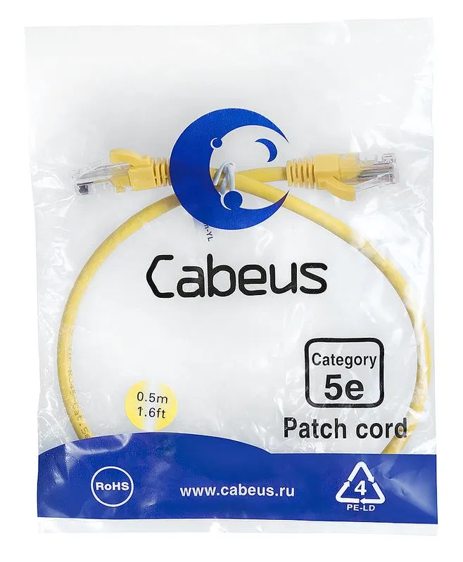 Патч-корд U/UTP кат.5E PC-UTP-RJ45-Cat.5e-0.5m-YL 2xRJ45/8p8c неэкранир. PVC 0.5м желт. Cabeus 7666c