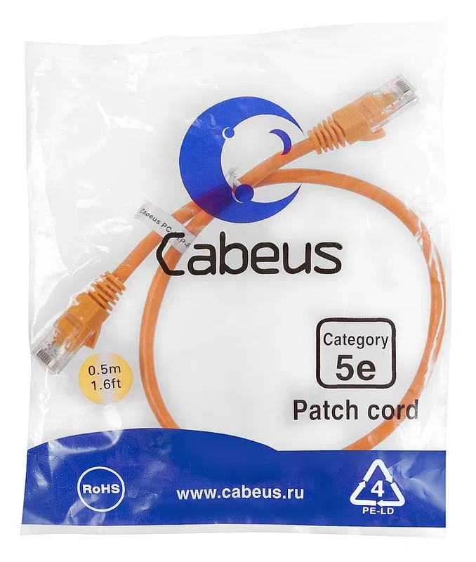 Патч-корд U/UTP кат.5E PC-UTP-RJ45-Cat.5e-0.5m-OR 2xRJ45/8p8c неэкранир. PVC 0.5м оранж. Cabeus 7670c