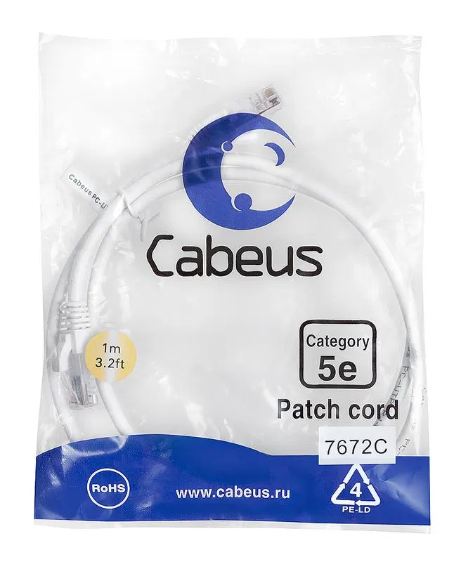 Патч-корд U/UTP кат.5E PC-UTP-RJ45-Cat.5e-1m-WH 2хRJ45/8p8c неэкранир. PVC 1м бел. Cabeus 7672c