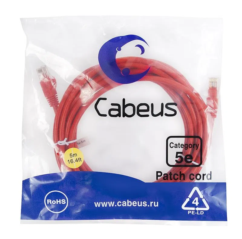 Патч-корд U/UTP кат.5E PC-UTP-RJ45-Cat.5e-5m-RD 2xRJ45/8p8c неэкранир. PVC 5м красн. Cabeus 7689c