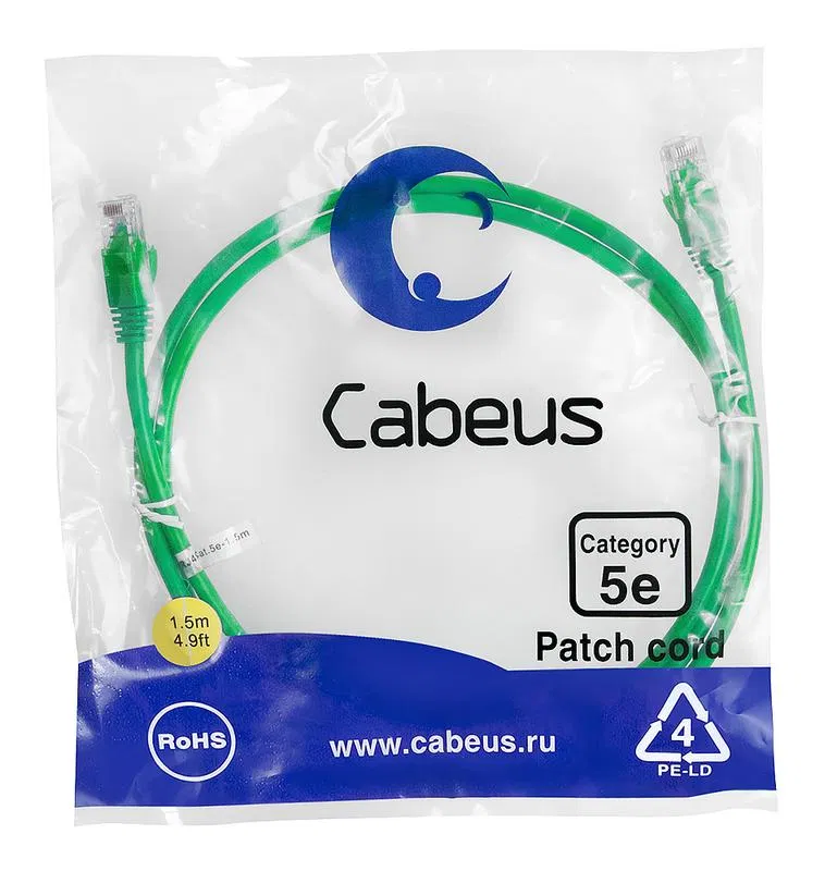 Патч-корд U/UTP кат.5E PC-UTP-RJ45-Cat.5e-1.5m-GN 2xRJ45/8p8c неэкранир. PVC 1.5м зел. Cabeus 7692c