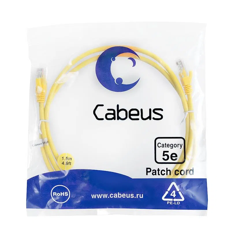 Патч-корд U/UTP кат.5E PC-UTP-RJ45-Cat.5e-1.5m-YL 2xRJ45/8p8c неэкранир. PVC 1.5м желт. Cabeus 7695c