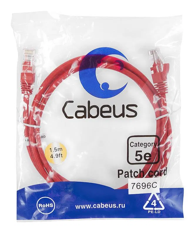 Патч-корд U/UTP кат.5E PC-UTP-RJ45-Cat.5e-1.5m-RD 2xRJ45/8p8c неэкранир. PVC 1.5м красн. Cabeus 7696c