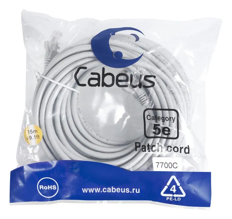 Патч-корд U/UTP кат.5E PC-UTP-RJ45-Cat.5e-15m 2xRJ45/8p8c неэкранир. PVC 15м сер. Cabeus 7700c