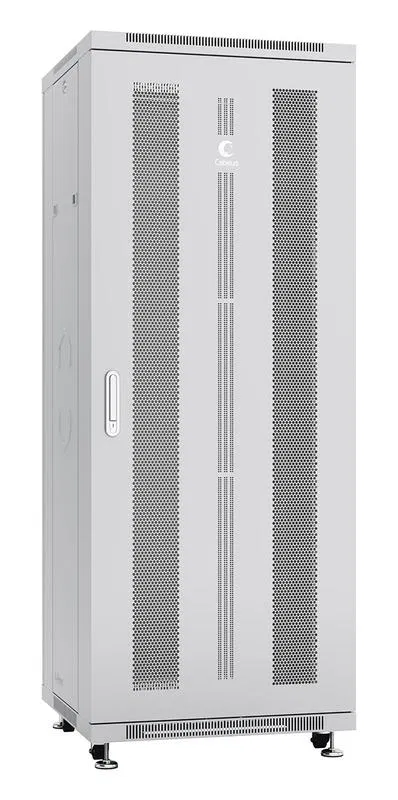 Шкаф монтажный телекоммуникационный напольн. ND-05C-32U60/60 19дюйм 32U 600х600х1610мм для распределит. и серверн. оборудования; передн. и задн. перфорир. двери ручка с замком RAL 7035 сер. Cabeus 7710c