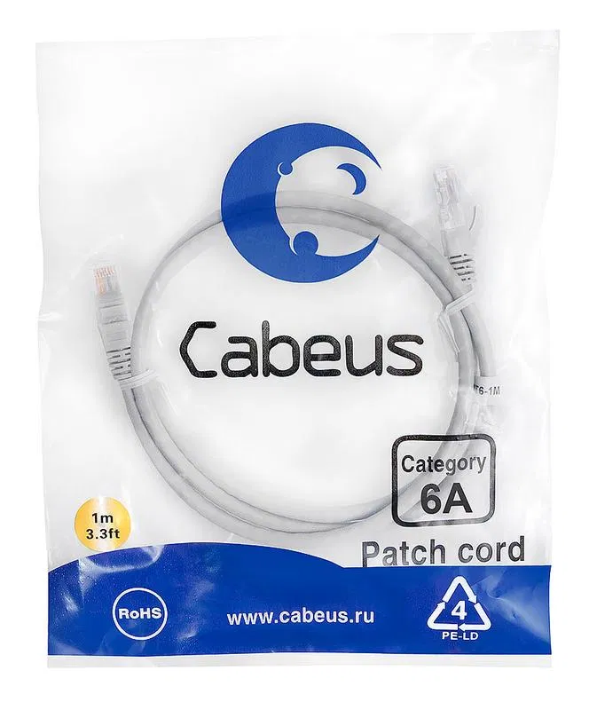 Патч-корд U/UTP кат.6A PC-UTP-RJ45-Cat.6a-1m-LSZH 2xRJ45/8p8c неэкранир. LSZH (10G) 1м сер. Cabeus 7894c