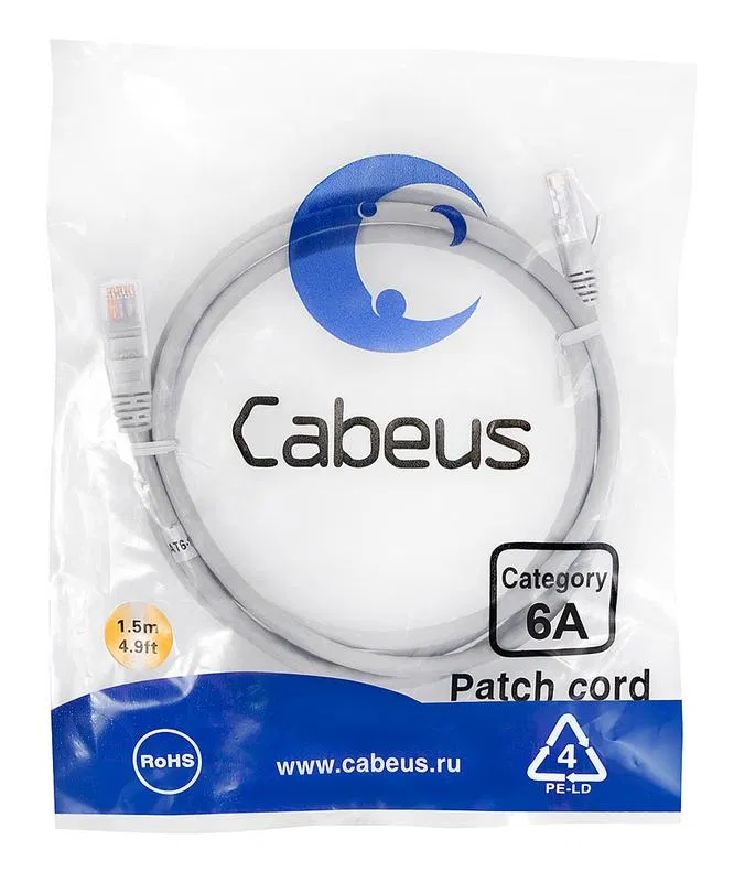 Патч-корд U/UTP кат.6A PC-UTP-RJ45-Cat.6a-1.5m-LSZH 2xRJ45/8p8c неэкранир. LSZH (10G) 1.5м сер. Cabeus 7895c