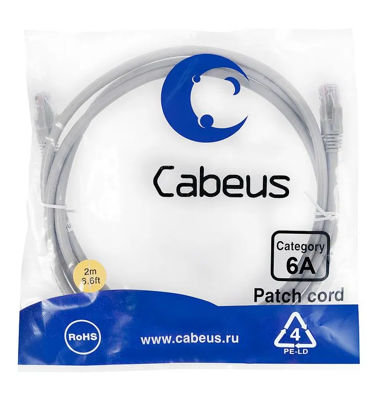 Патч-корд U/UTP кат.6A PC-UTP-RJ45-Cat.6a-2m-LSZH 2xRJ45/8p8c неэкранир. LSZH (10G) 2м сер. Cabeus 7896c