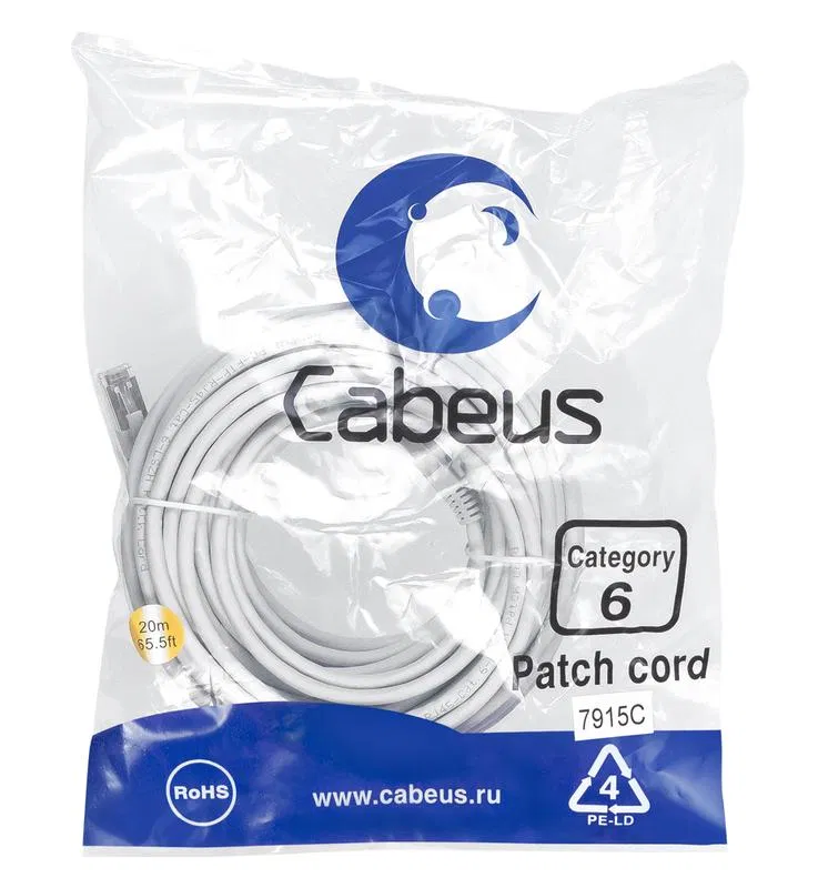 Патч-корд F/UTP кат.6 PC-FTP-RJ45-Cat.6-20m-LSZH 2xRJ45/8p8c экранир. LSZH 20м сер. Cabeus 7915c