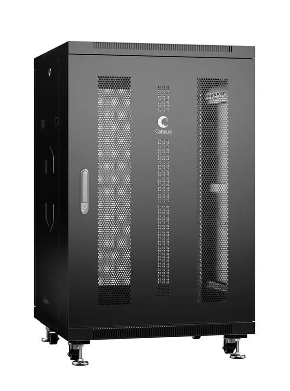 Шкаф монтажный телекоммуникационный напольн. ND-05C-18U60/60-BK 19дюйм 18U 600х600х988мм для распределит. и серверн. оборудования; передн. и задн. перфорир. двери ручка с замком RAL 9004 черн. Cabeus 8548c