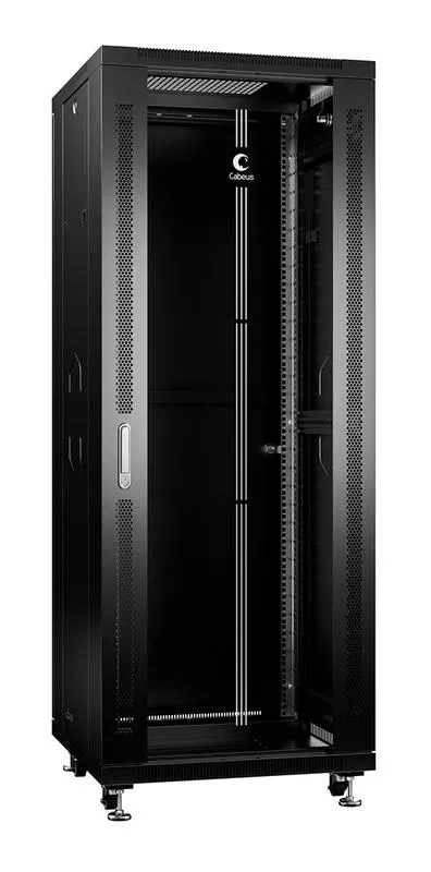 Шкаф монтажный телекоммуникационный напольный SH-05C-32U60/60-BK 19дюйм 32U 600х600х1610мм для распределит. и серверн. оборудования передн. стеклян. и задн. сплошн. метал. двери ручка с замком черн. Cabeus 8558c