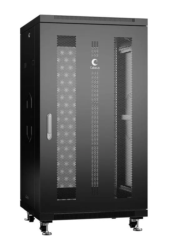 Шкаф монтажный телекоммуникационный напольн. ND-05C-22U60/80-BK 19дюйм 22U 600х800х1166мм для распределит. и серверн. оборудования; передн. и задн. перфорир. двери ручка с замком RAL 9004 черн. Cabeus 8563c