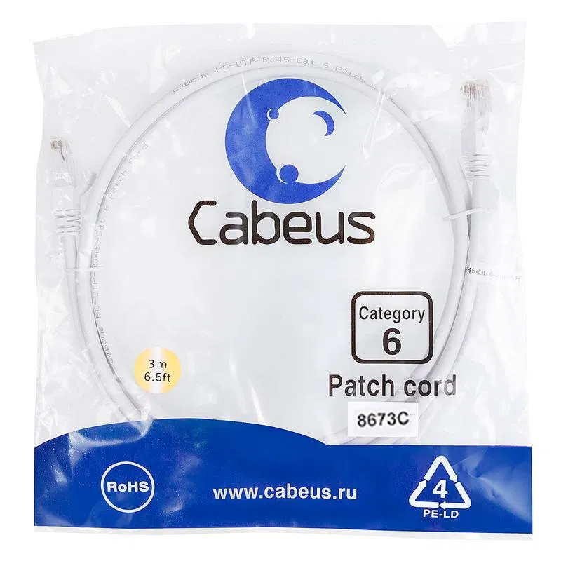 Патч-корд U/UTP кат.6 PC-UTP-RJ45-Cat.6-3m-WH 2xRJ45/8p8c неэкранир. PVC 3м бел. Cabeus 8673c