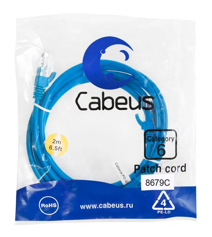 Патч-корд U/UTP кат.6 PC-UTP-RJ45-Cat.6-2m-BL 2xRJ45/8p8c неэкранир. PVC 2м син. Cabeus 8679c