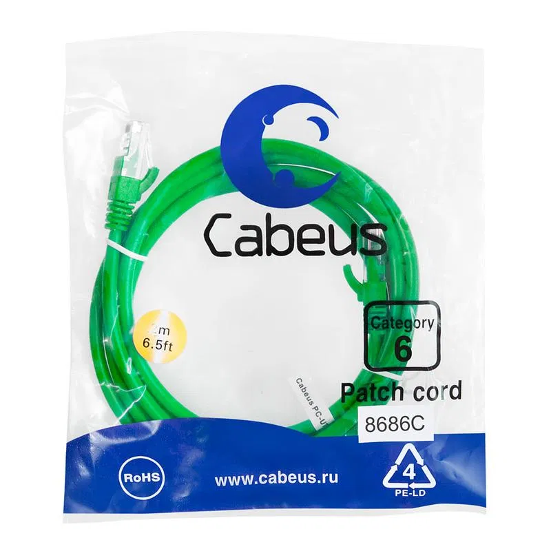 Патч-корд U/UTP кат.6 PC-UTP-RJ45-Cat.6-5m-GN 2xRJ45/8p8c неэкранир. PVC 5м зел. Cabeus 8688c