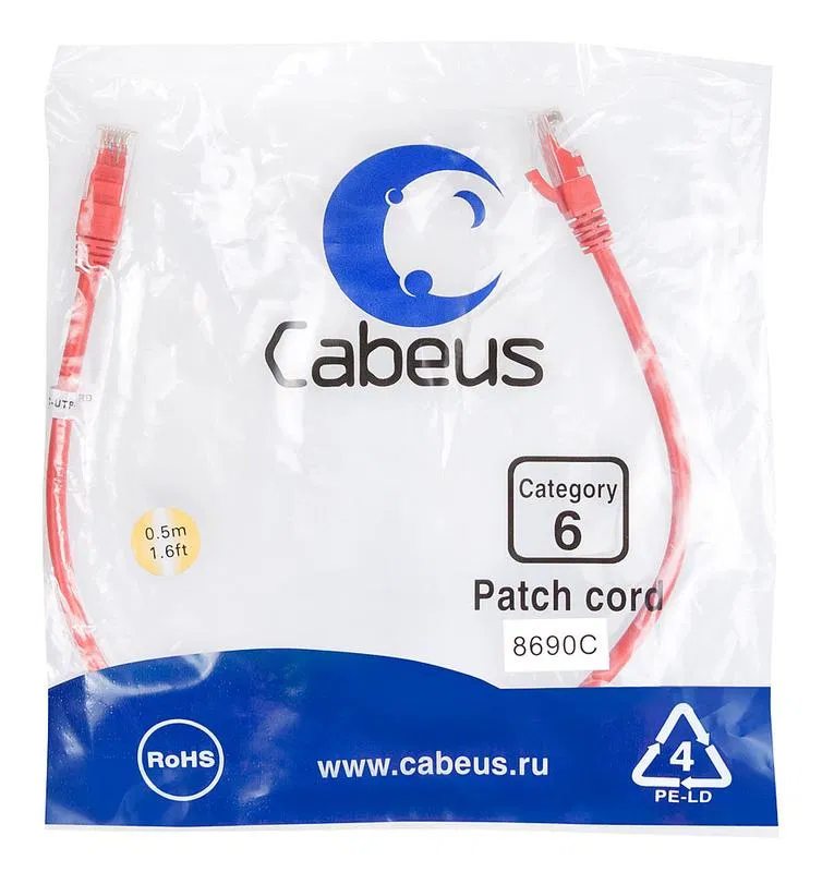 Патч-корд U/UTP кат.6 PC-UTP-RJ45-Cat.6-0.5m-RD 2xRJ45/8p8c неэкранир. PVC 0.5м красн. Cabeus 8690c