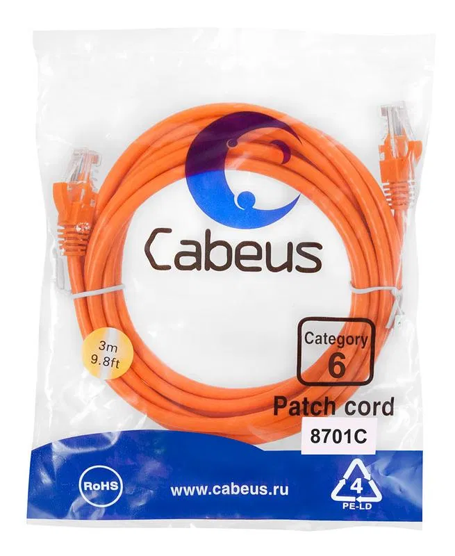 Патч-корд U/UTP кат.6 PC-UTP-RJ45-Cat.6-3m-OR 2xRJ45/8p8c неэкранир. PVC 3м оранж. Cabeus 8701c