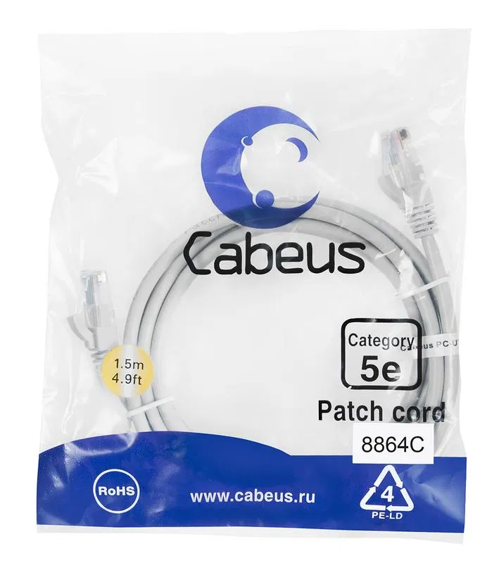 Патч-корд U/UTP кат.5E PC-UTP-RJ45-Cat.5e-1.5m-LSZH 2хRJ45/8p8c неэкранир. LSZH 1.5м сер. Cabeus 8864c