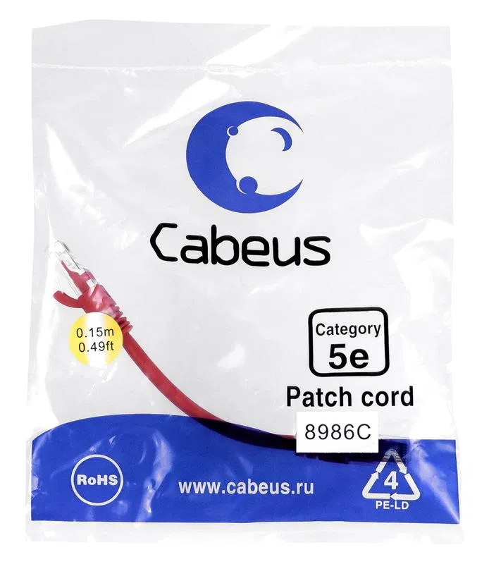 Патч-корд U/UTP кат.5E PC-UTP-RJ45-Cat.5e-0.15m-RD 2xRJ45/8p8c неэкранир. PVC 0.15м красн. Cabeus 8986c