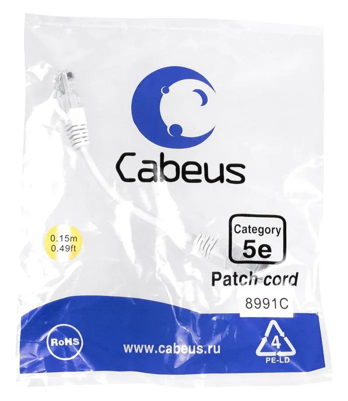 Патч-корд U/UTP кат.5E PC-UTP-RJ45-Cat.5e-0.15m-WH 2xRJ45/8p8c неэкранир. PVC 0.15м бел. Cabeus 8991c