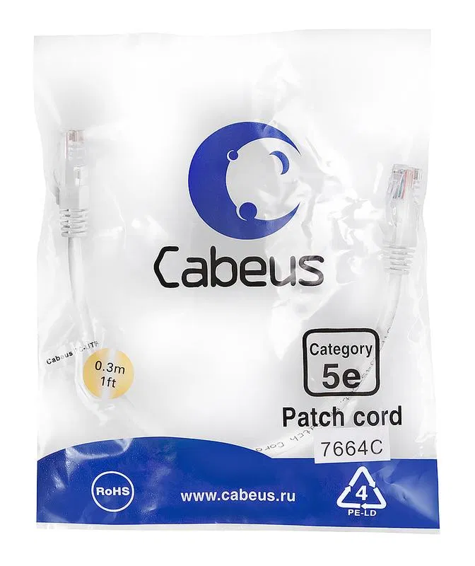 Патч-корд U/UTP кат.5E PC-UTP-RJ45-Cat.5e-0.3m-WH-LSZH 2хRJ45/8p8c неэкранир. LSZH 0.3м бел. Cabeus 9487c