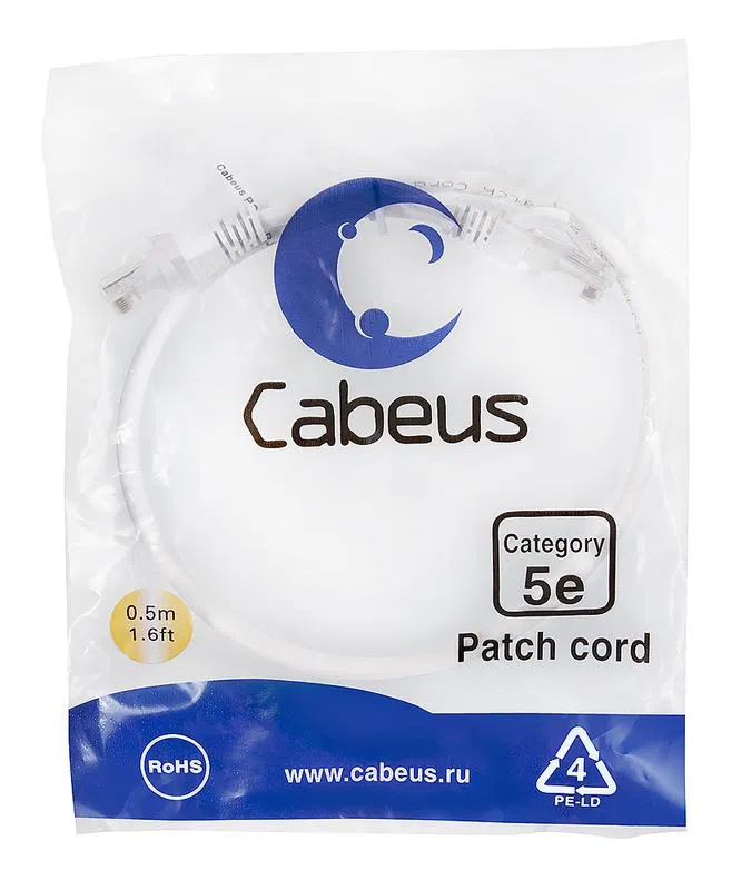 Патч-корд U/UTP кат.5E PC-UTP-RJ45-Cat.5e-0.5m-WH-LSZH 2хRJ45/8p8c неэкранир. LSZH 0.5м бел. Cabeus 9488c