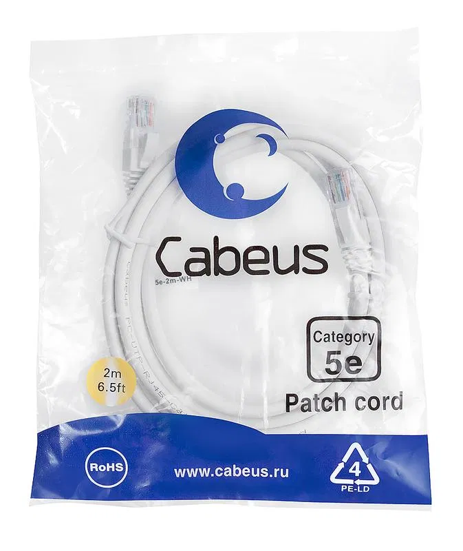 Патч-корд U/UTP кат.5E PC-UTP-RJ45-Cat.5e-2m-WH-LSZH 2xRJ45/8p8c неэкранир. LSZH 2м бел. Cabeus 9491c