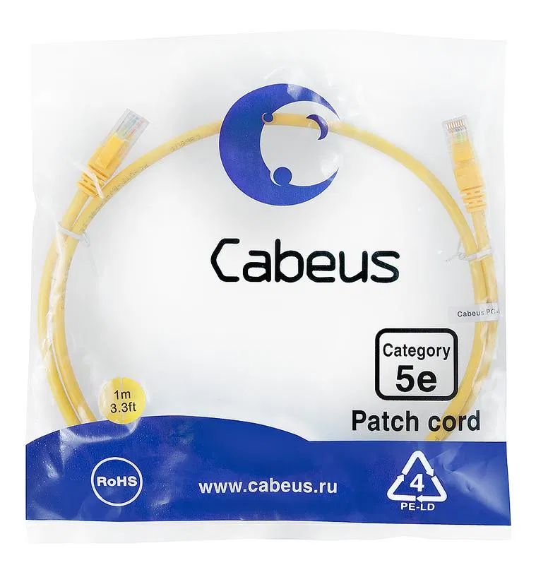Патч-корд U/UTP кат.5E PC-UTP-RJ45-Cat.5e-1m-YL-LSZH 2xRJ45/8p8c неэкранир. LSZH 1м желт. Cabeus 9497c