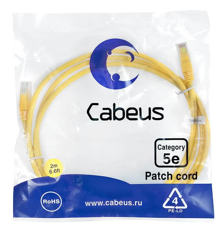 Патч-корд U/UTP кат.5E PC-UTP-RJ45-Cat.5e-2m-YL-LSZH 2xRJ45/8p8c неэкранир. LSZH 2м желт. Cabeus 9499c