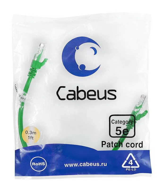 Патч-корд U/UTP кат.5E PC-UTP-RJ45-Cat.5e-0.3m-GN-LSZH 2хRJ45/8p8c неэкранир. LSZH 0.3м зел. Cabeus 9503c