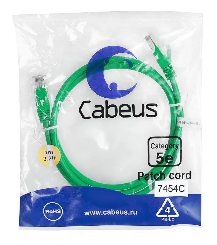 Патч-корд U/UTP кат.5E PC-UTP-RJ45-Cat.5e-1m-GN-LSZH 2xRJ45/8p8c неэкранир. LSZH 1м зел. Cabeus 9505c