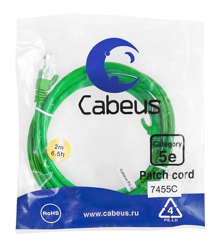 Патч-корд U/UTP кат.5E PC-UTP-RJ45-Cat.5e-2m-GN-LSZH 2xRJ45/8p8c неэкранир. LSZH 2м зел. Cabeus 9507c
