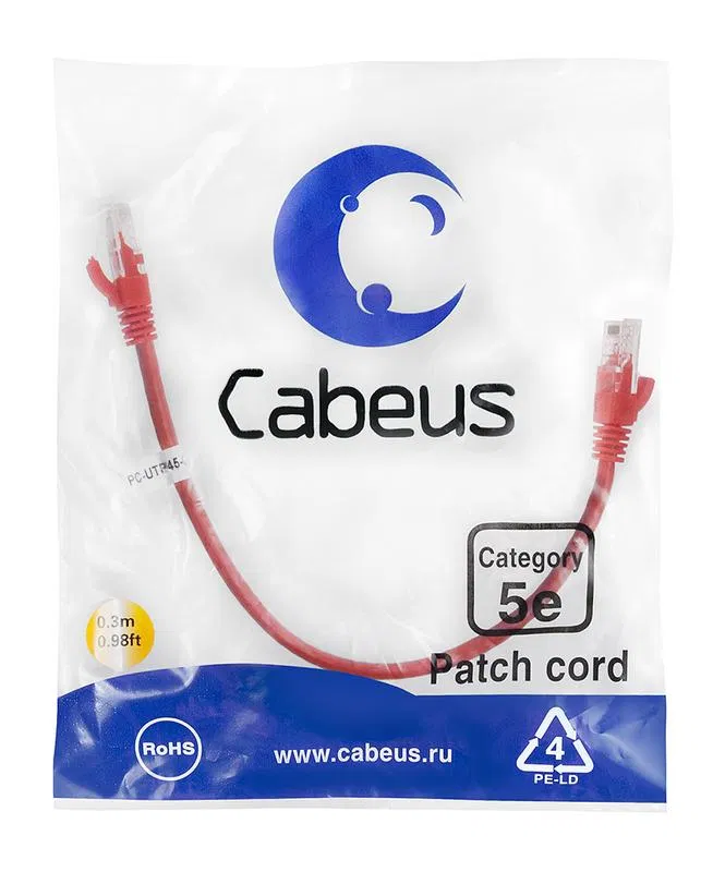 Патч-корд U/UTP кат.5E PC-UTP-RJ45-Cat.5e-0.3m-RD-LSZH 2xRJ45/8p8c неэкранир. LSZH 0.3м красн. Cabeus 9511c