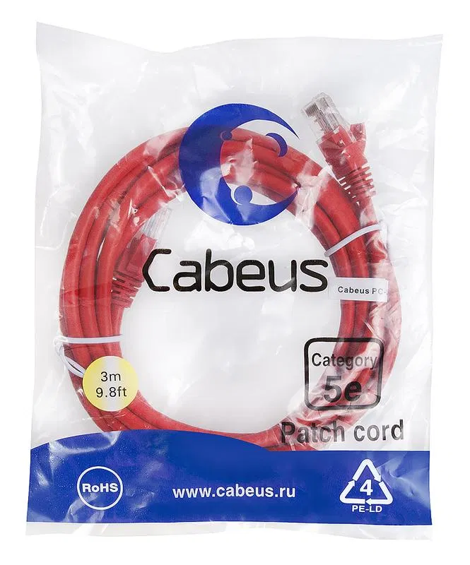 Патч-корд U/UTP кат.5E PC-UTP-RJ45-Cat.5e-3m-RD-LSZH 2xRJ45/8p8c неэкранир. LSZH 3м красн. Cabeus 9516c