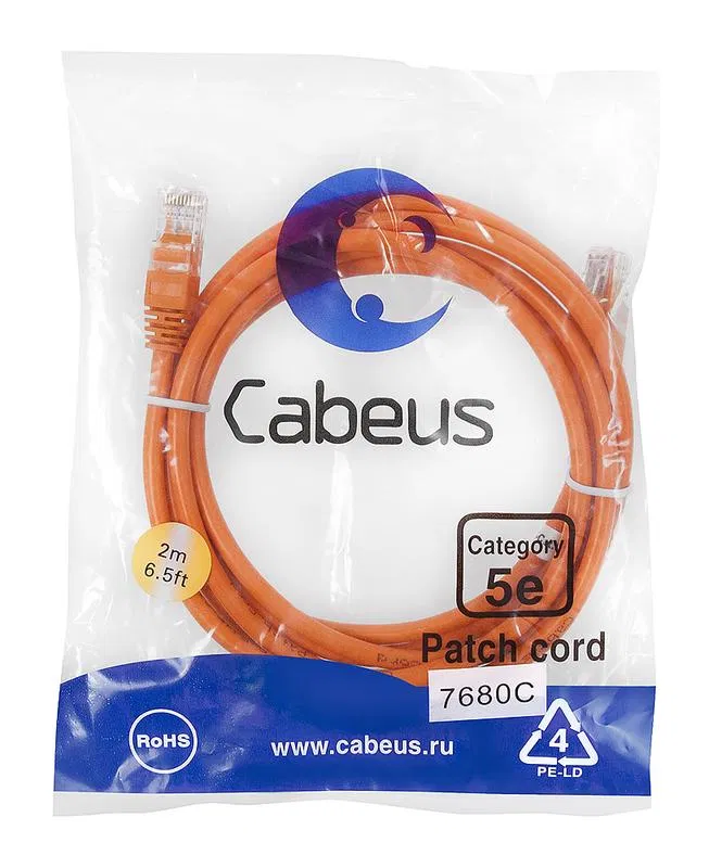 Патч-корд U/UTP кат.5E PC-UTP-RJ45-Cat.5e-2m-OR-LSZH 2xRJ45/8p8c неэкранир. LSZH 2м оранж. Cabeus 9523c