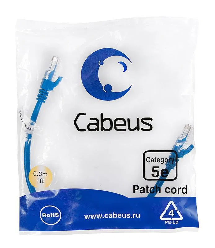 Патч-корд U/UTP кат.5E PC-UTP-RJ45-Cat.5e-0.3m-BL-LSZH 2xRJ45/8p8c неэкранир. LSZH 0.3м син. Cabeus 9527c