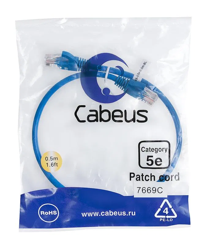 Патч-корд U/UTP кат.5E PC-UTP-RJ45-Cat.5e-0.5m-BL-LSZH 2xRJ45/8p8c неэкранир. LSZH 0.5м син. Cabeus 9528c